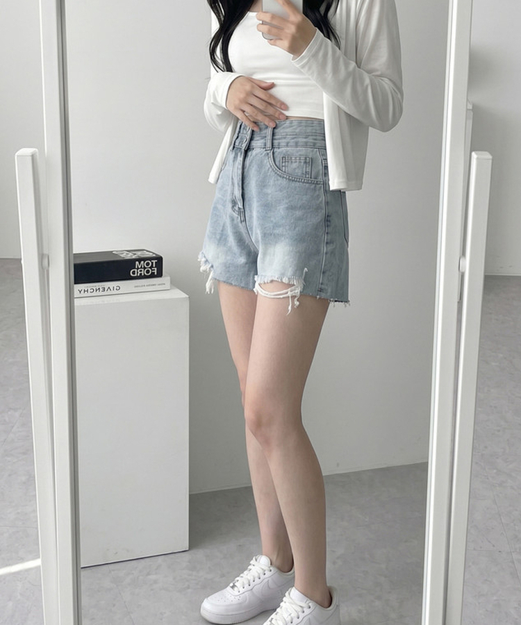 Aラインダメージデニムショートパンツ LIGHT DENIM