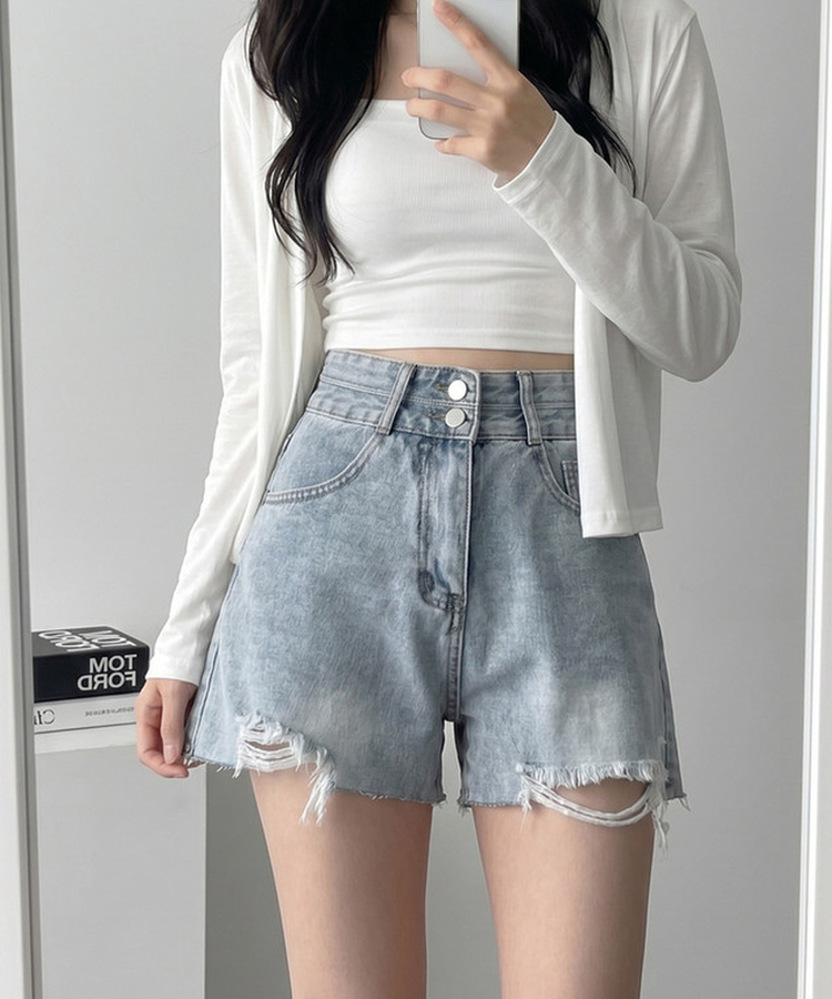 Aラインダメージデニムショートパンツ LIGHT DENIM