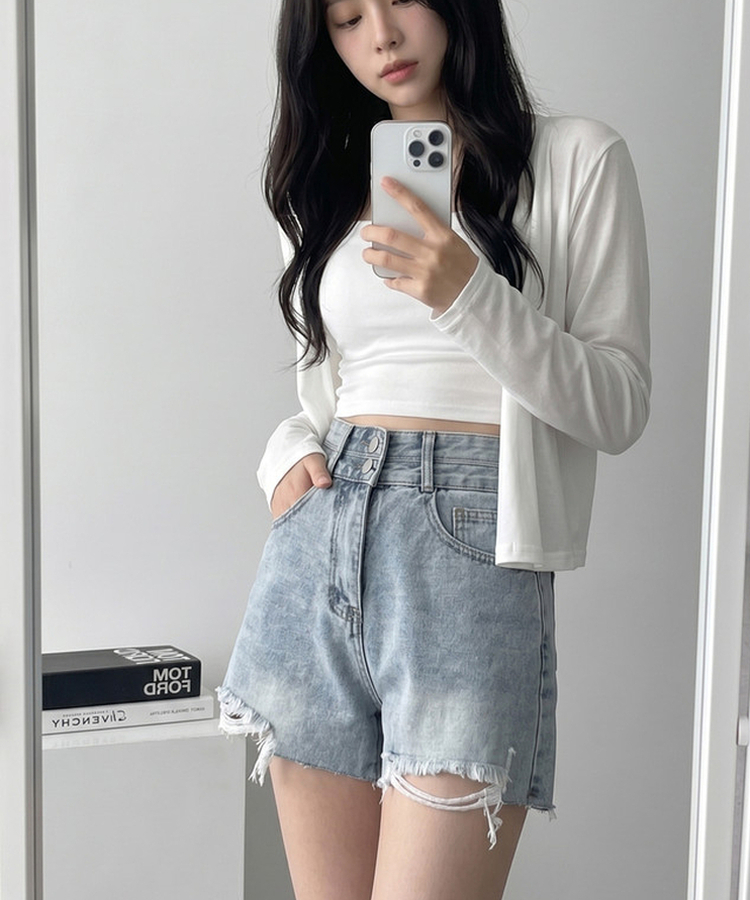 Aラインダメージデニムショートパンツ LIGHT DENIM
