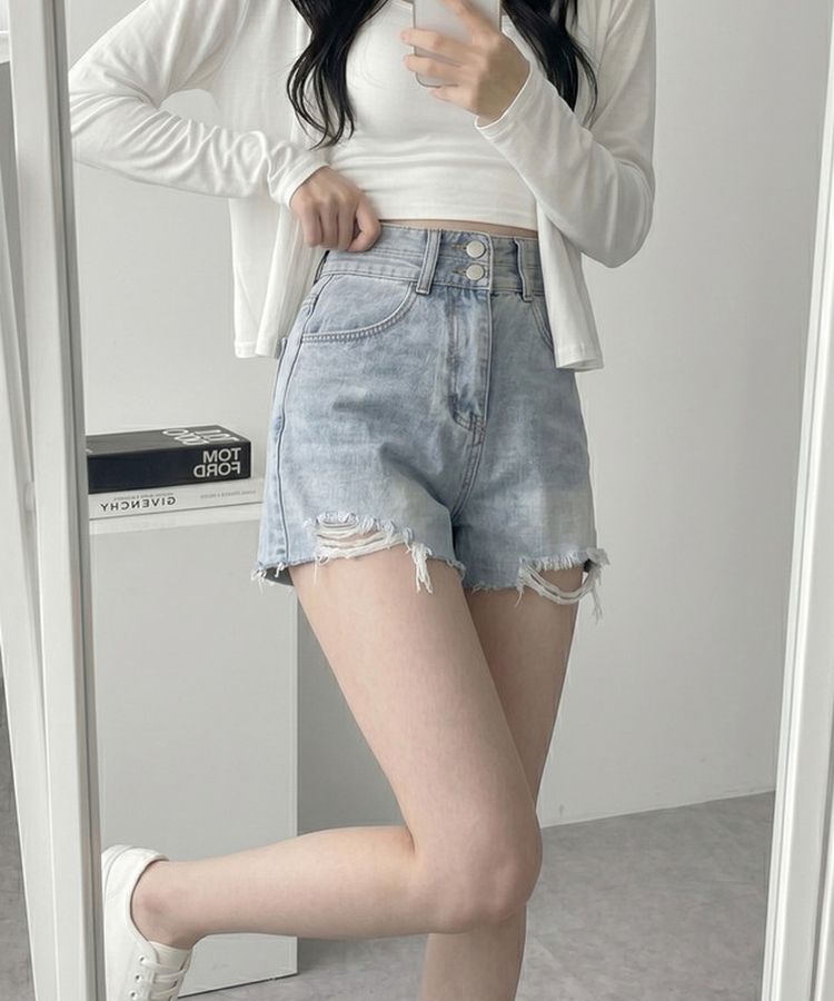 Aラインダメージデニムショートパンツ LIGHT DENIM