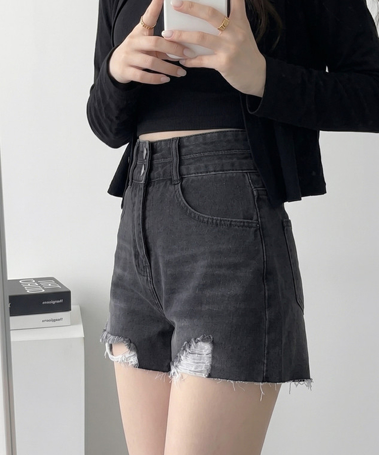 Aラインダメージデニムショートパンツ BLACK DENIM