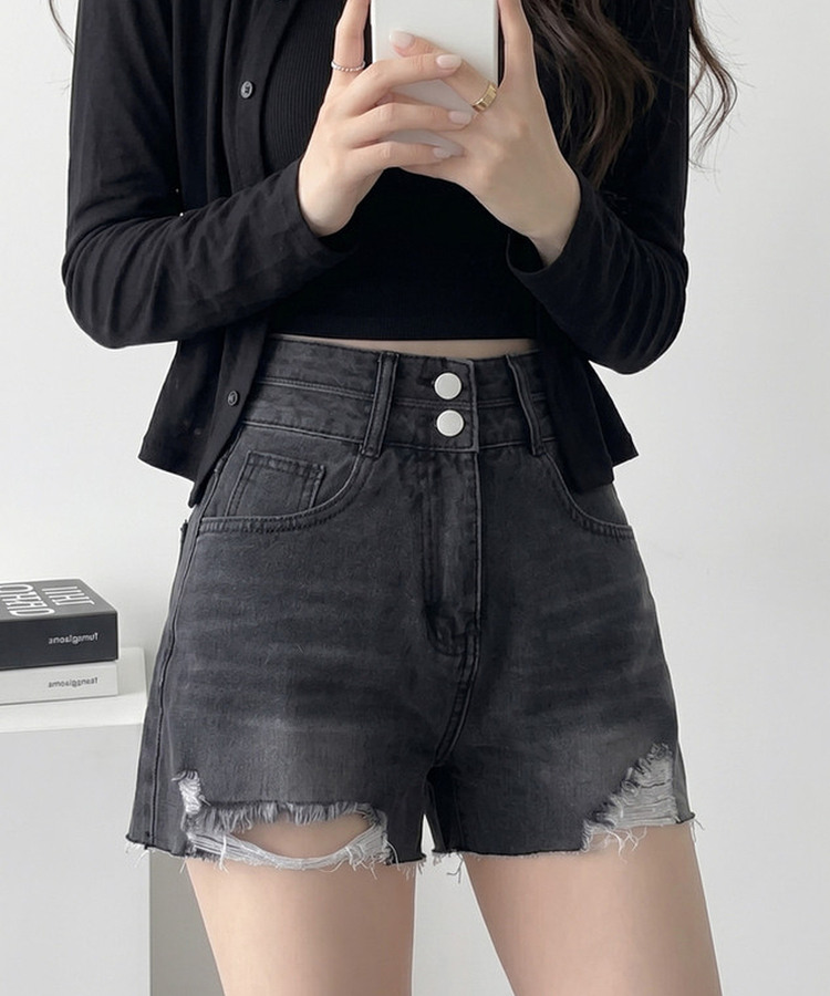 Aラインダメージデニムショートパンツ BLACK DENIM