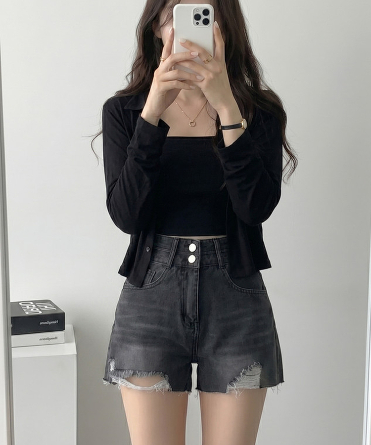Aラインダメージデニムショートパンツ BLACK DENIM