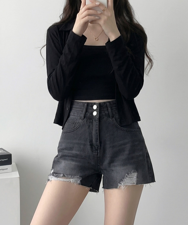 Aラインダメージデニムショートパンツ BLACK DENIM