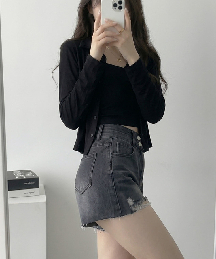 Aラインダメージデニムショートパンツ BLACK DENIM