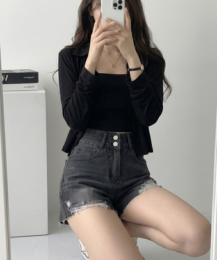 Aラインダメージデニムショートパンツ BLACK DENIM