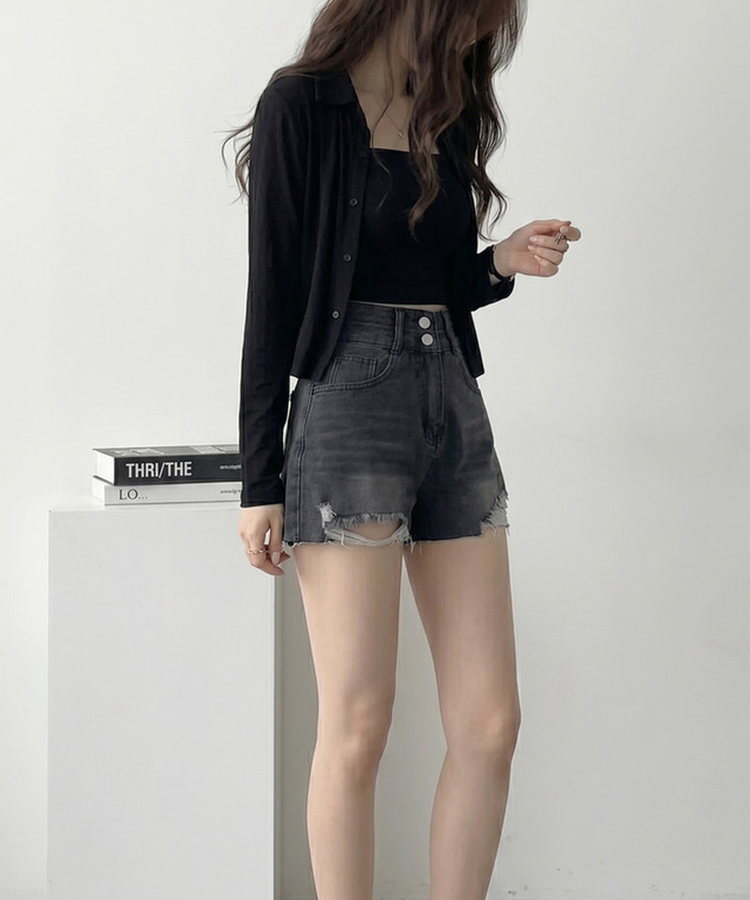 Aラインダメージデニムショートパンツ BLACK DENIM