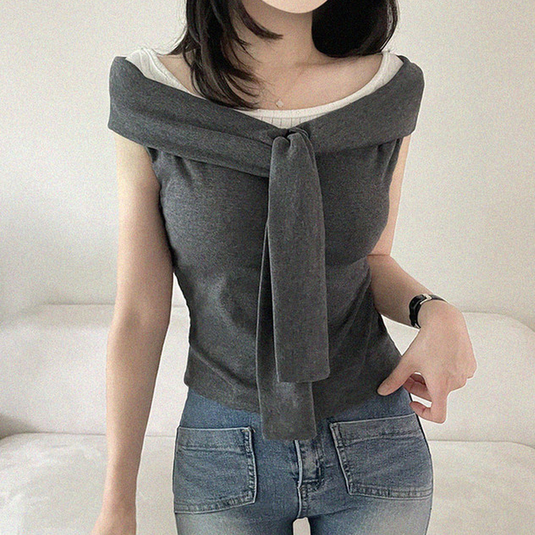 オフショルダーシャーリングリボンタイTシャツ CHARCOAL
