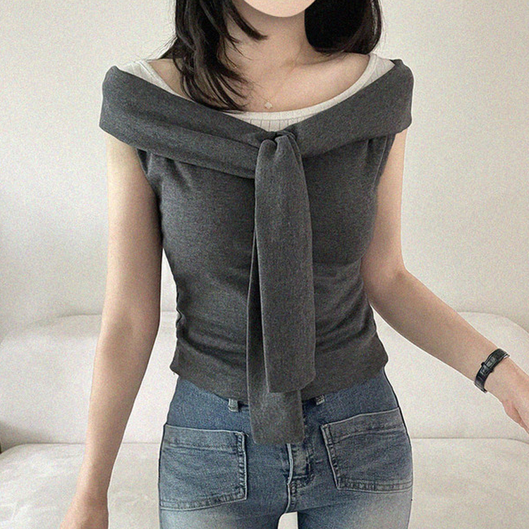 オフショルダーシャーリングリボンタイTシャツ CHARCOAL
