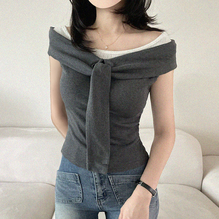 オフショルダーシャーリングリボンタイTシャツ CHARCOAL