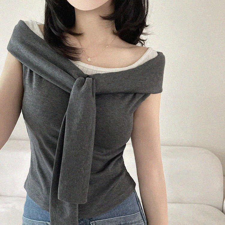 オフショルダーシャーリングリボンタイTシャツ CHARCOAL