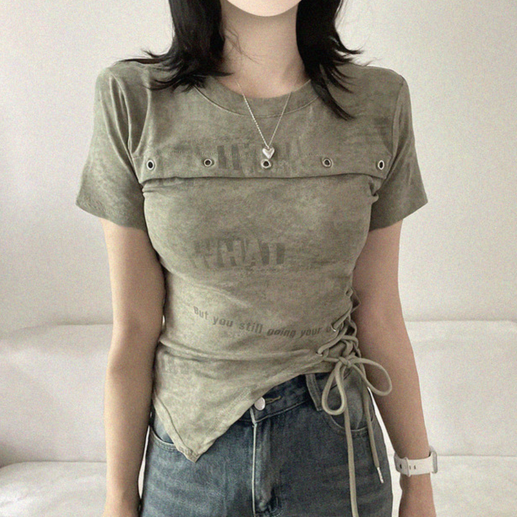 アシメアイレットスリットリボン半袖Tシャツ KHAKI