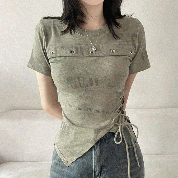 アシメアイレットスリットリボン半袖Tシャツ KHAKI