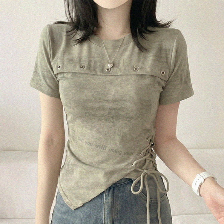 アシメアイレットスリットリボン半袖Tシャツ KHAKI