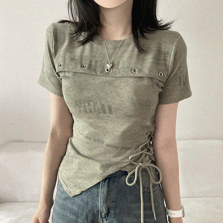 アシメアイレットスリットリボン半袖Tシャツ KHAKI