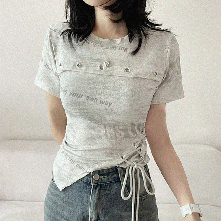 アシメアイレットスリットリボン半袖Tシャツ WHITE