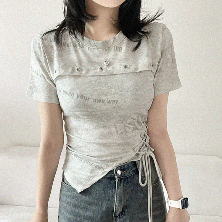 アシメアイレットスリットリボン半袖Tシャツ WHITE