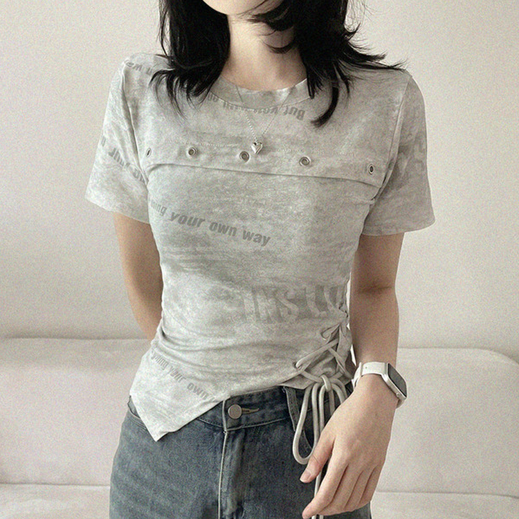 アシメアイレットスリットリボン半袖Tシャツ WHITE