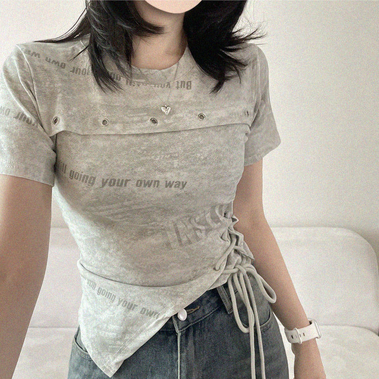 アシメアイレットスリットリボン半袖Tシャツ WHITE