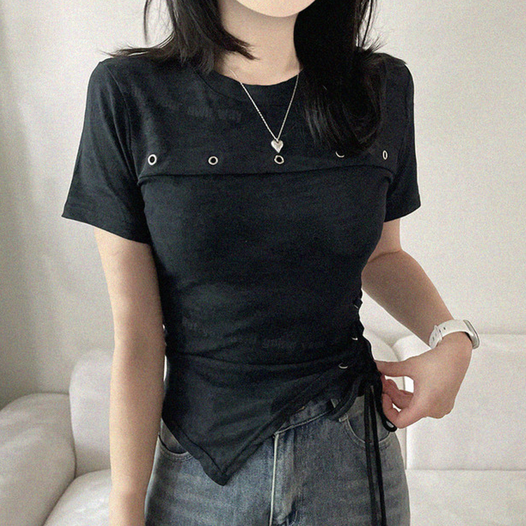 アシメアイレットスリットリボン半袖Tシャツ BLACK