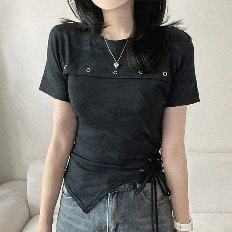 アシメアイレットスリットリボン半袖Tシャツ BLACK