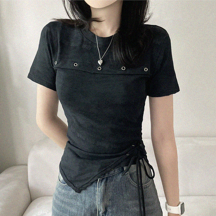 アシメアイレットスリットリボン半袖Tシャツ BLACK