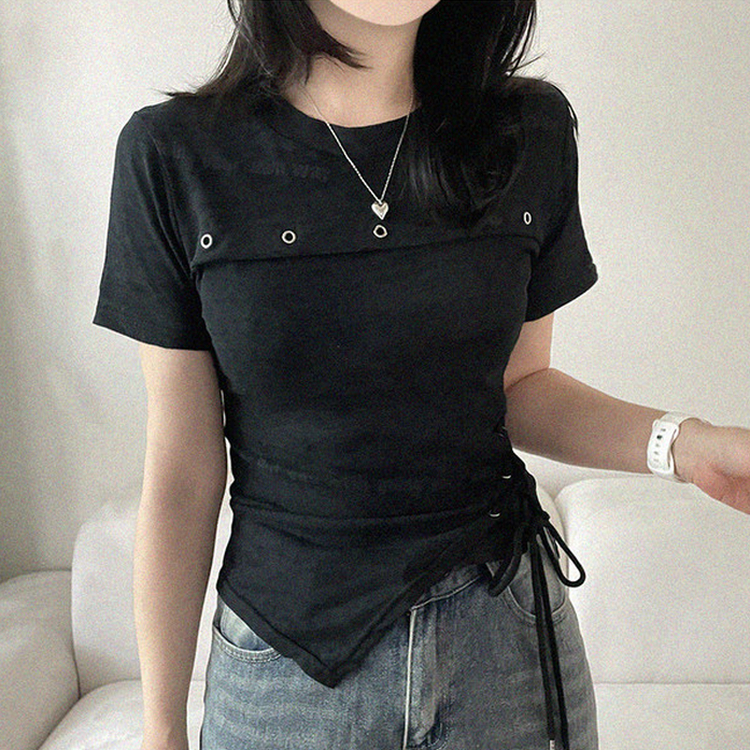 アシメアイレットスリットリボン半袖Tシャツ BLACK