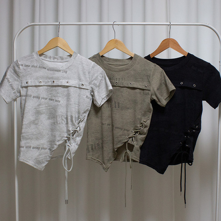 アシメアイレットスリットリボン半袖Tシャツ