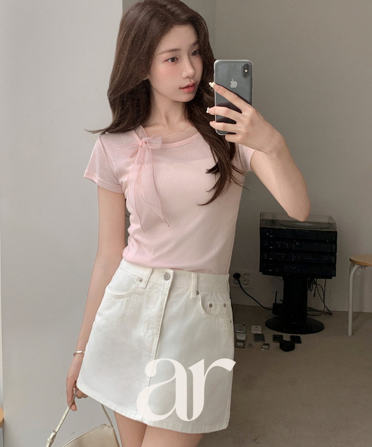 （国内製作）（細身フィット/ソフトスパン）メッシュ タイ スカーフ 半袖 Tシャツ PINK