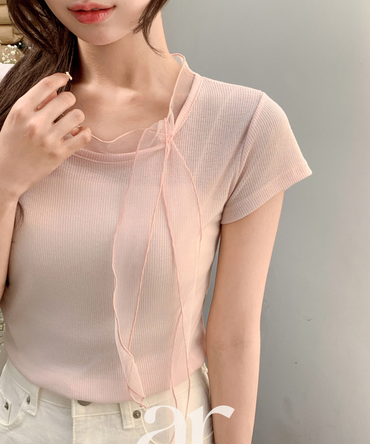 （国内製作）（細身フィット/ソフトスパン）メッシュ タイ スカーフ 半袖 Tシャツ PINK