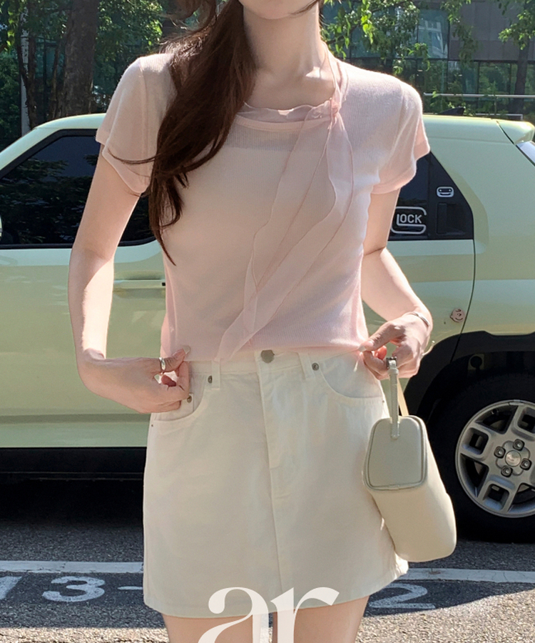 （国内製作）（細身フィット/ソフトスパン）メッシュ タイ スカーフ 半袖 Tシャツ PINK