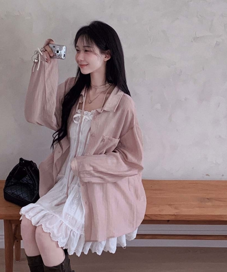 엘리니아 펀칭 레이스 셔링 리본 스모크 나시 미니 원피스 아이보리
