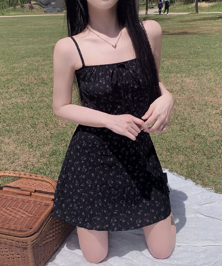 완벽한 여름 원피스플로리스트 플라워 나시 잔꽃 미니 원피스 블랙