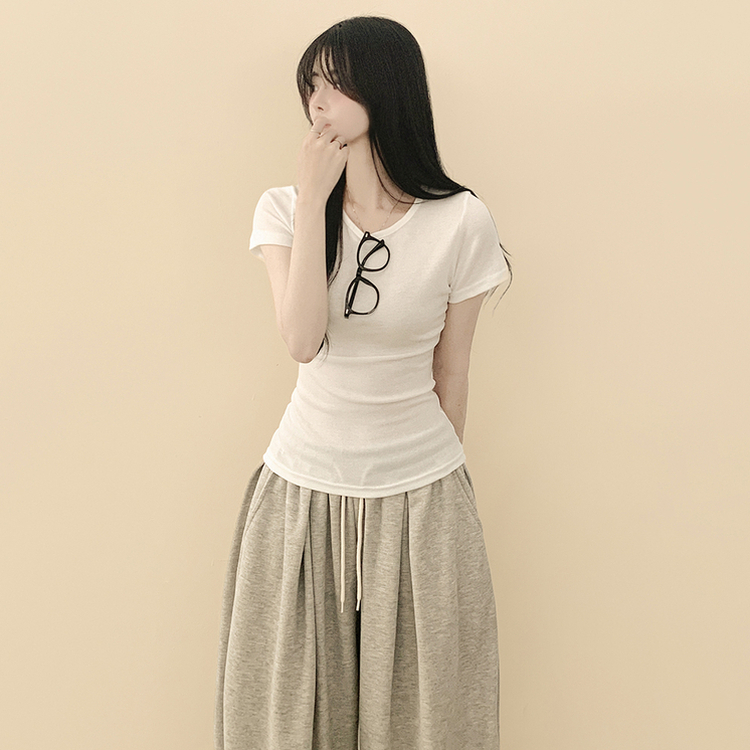 【1+1企画】サイドシャーリングスリムフィット半袖Tシャツ IVORY