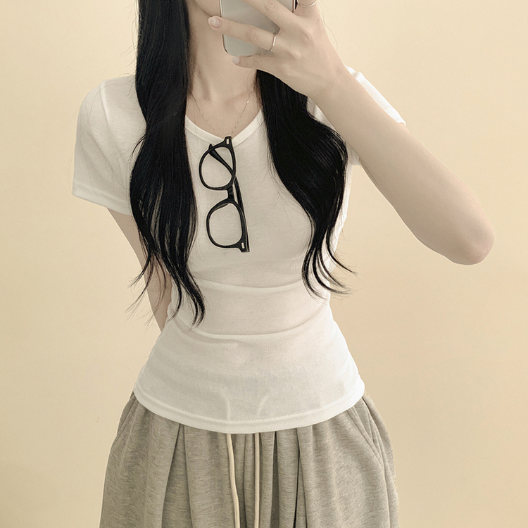 【1+1企画】サイドシャーリングスリムフィット半袖Tシャツ IVORY