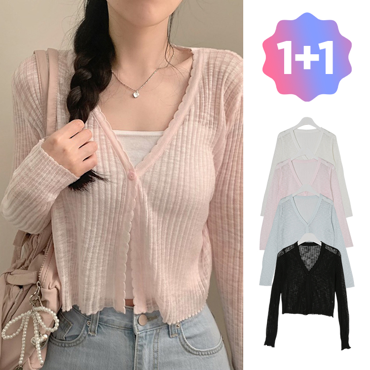 【1+1企画】シースルークロップボタンカーディガン(5color) PINK