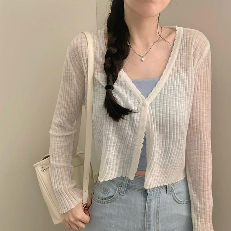 【1+1企画】シースルークロップボタンカーディガン(5color) WHITE