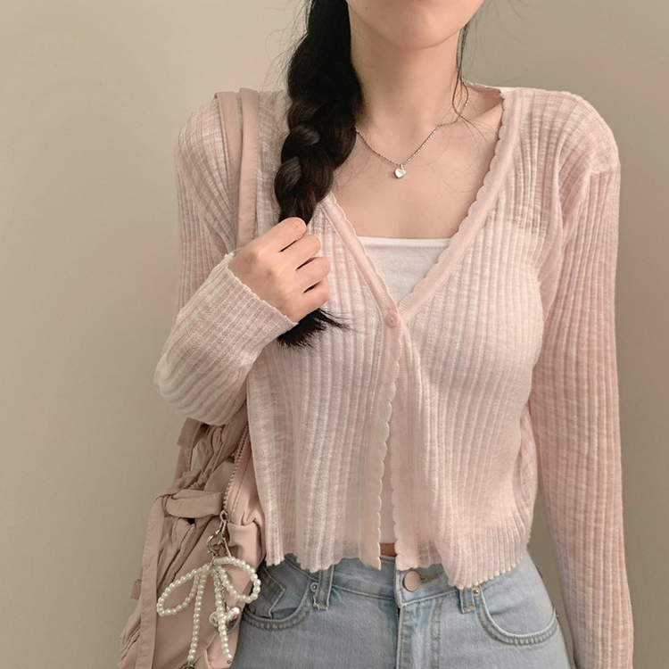 【1+1企画】シースルークロップボタンカーディガン(5color) PINK