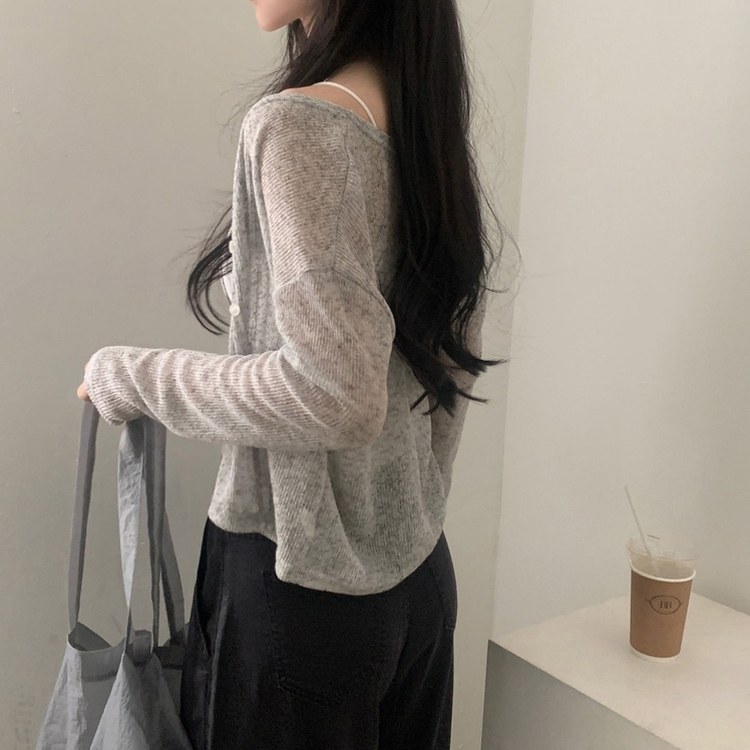 【1+1企画】シースルーリネンクロップ長袖ニットカーディガン GRAY