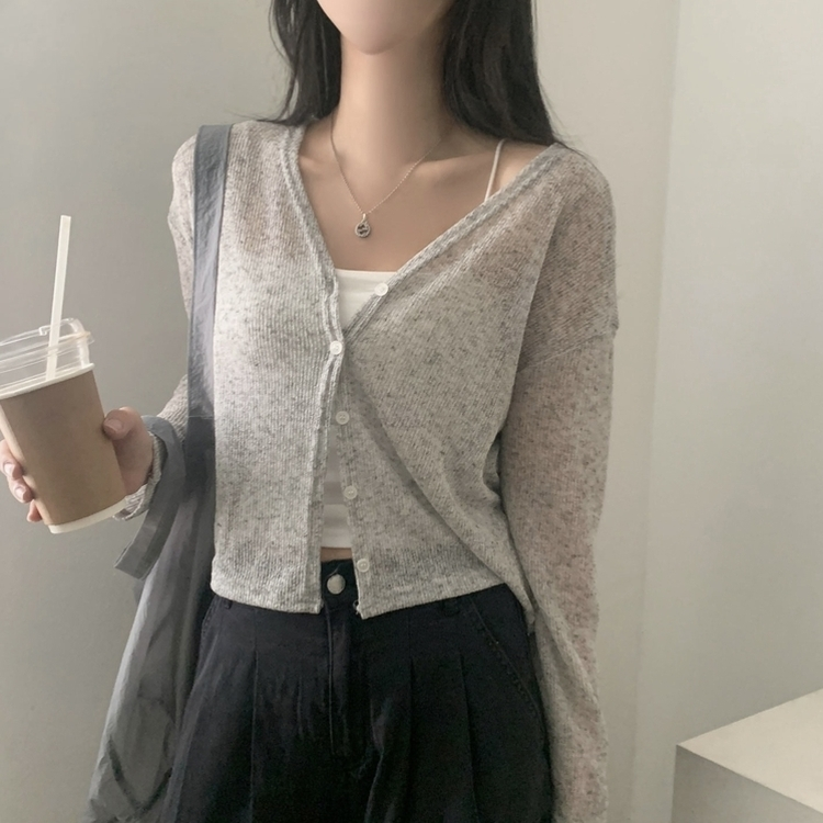【1+1企画】シースルーリネンクロップ長袖ニットカーディガン GRAY