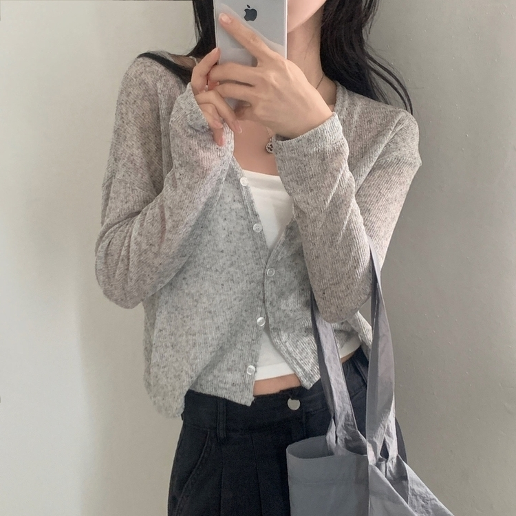 【1+1企画】シースルーリネンクロップ長袖ニットカーディガン GRAY