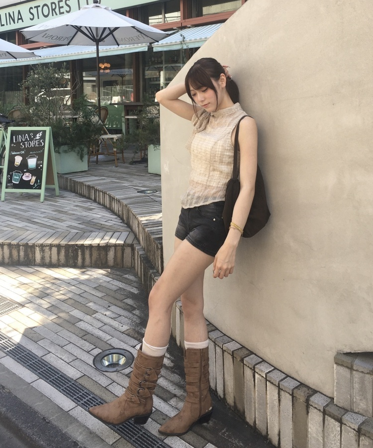 시스루 체크 리본 블라우스 화이트