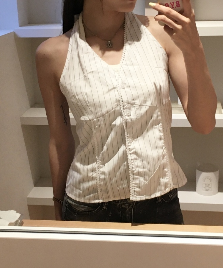 스트라이프 홀터넥 블라우스 화이트 무지