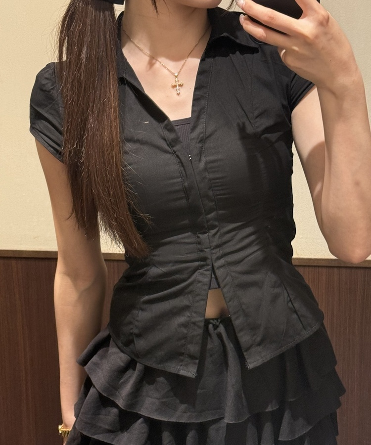 허리 셔링 반팔셔츠 블랙