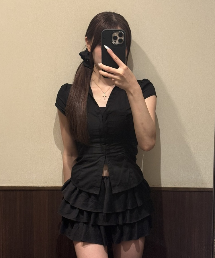 허리 셔링 반팔셔츠 블랙