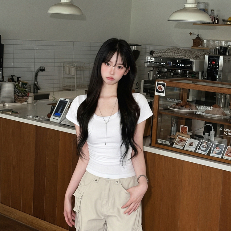 ストレッチUネック半袖Tシャツ(6color) IVORY