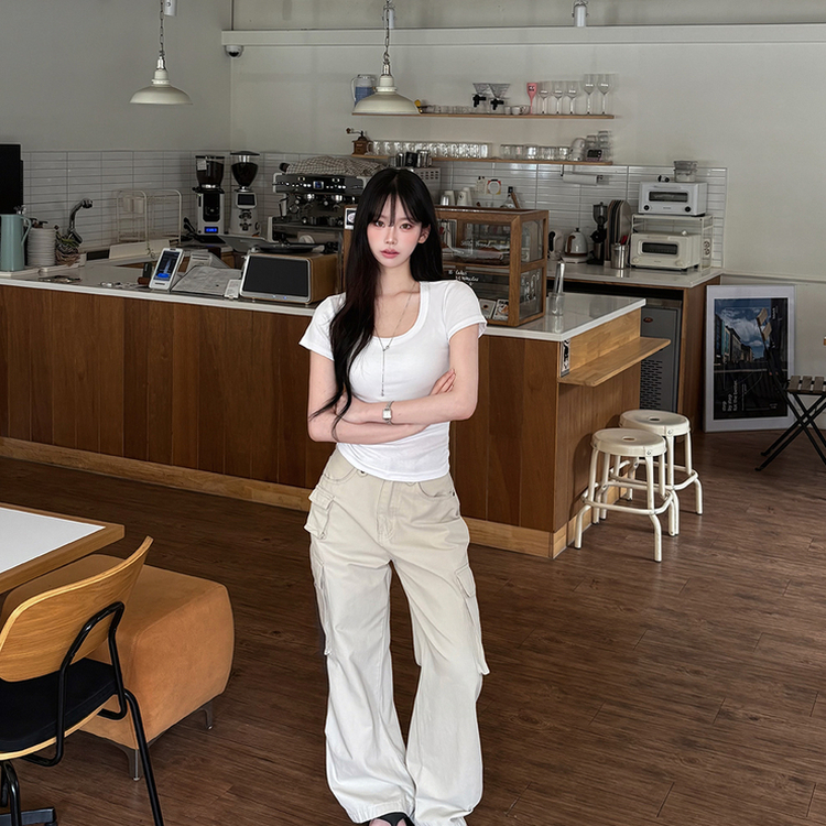 ストレッチUネック半袖Tシャツ(6color) IVORY