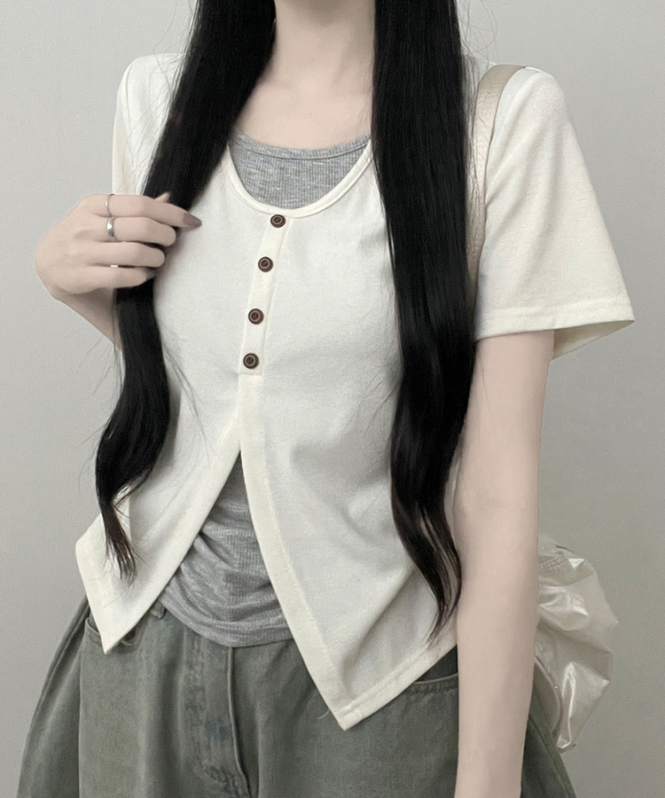ボタンレイヤードサイドシャーリング半袖Tシャツ IVORY