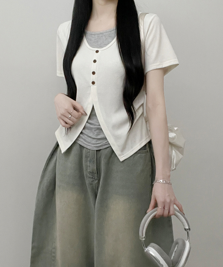 ボタンレイヤードサイドシャーリング半袖Tシャツ IVORY