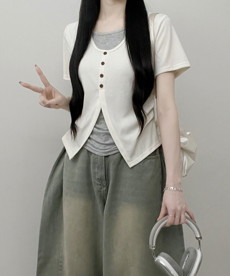 ボタンレイヤードサイドシャーリング半袖Tシャツ IVORY
